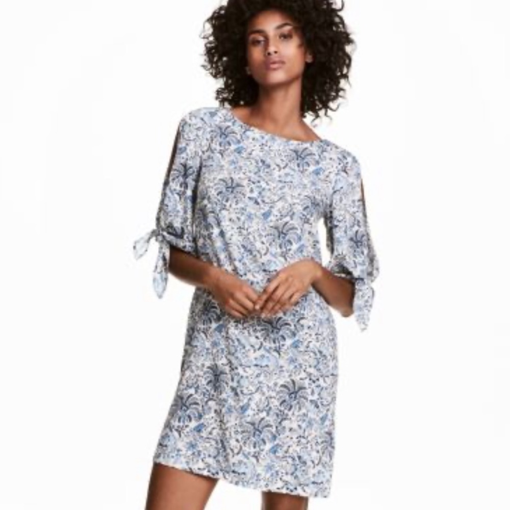 H&M Blue Floral Paisley Chemise Dress Open Shoulder 6